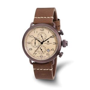 Charles Hubert Mens IP Brown Leather Band 46mm Dual Tme Watch